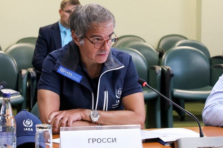 In this photo taken from video released by Rosatom State Atomic Energy Corporation, International Atomic Energy Agency chief Rafael Grossi, center, attends a meeting as he arrives to inspect the Kursk Nuclear Power Plant (KNPP) outside the town of Kurchatov, in the Kursk region, Russia, Tuesday, Aug. 27, 2024. (Rosatom State Atomic Energy Corporation via AP)