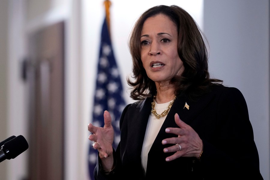 FILE - Vice President Kamala Harris speaks in the Eisenhower Executive Office Building on the White House complex in Washington, June 17, 2024. (AP Photo/Susan Walsh, File)