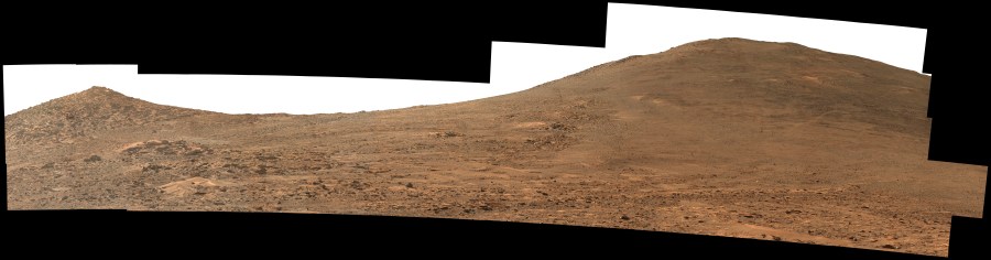 This image provided by NASA, taken by their Perseverance Mars rover, looks south towards the rim of Jezero Crater on Aug. 4, 2024. The panorama, which encompasses 80 degrees, is made up of 59 individual images stitched together after being sent back to Earth. The color has been enhanced to bring out subtle details. (NASA via AP)