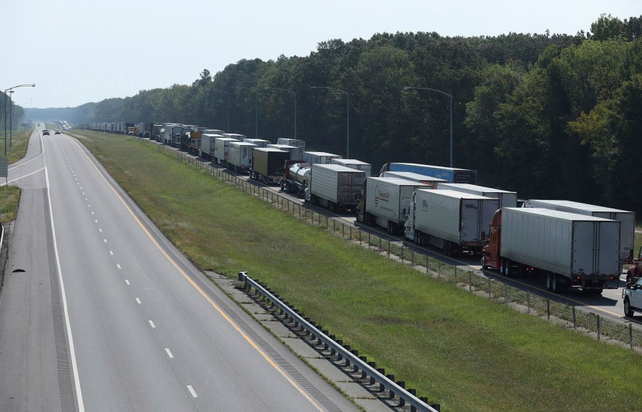 Eastbound traffic is backed up on I-40 near the Hazen, Ark. exit after an accident involving hazardous materials led to multiple road closures and evacuations in the area Tuesday, Aug. 27, 2024. (Colin Murphey/Arkansas Democrat-Gazette via AP) /