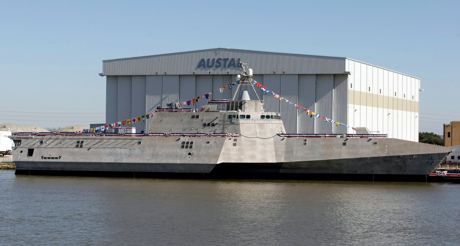 FILE - The Littoral Combat Ship Coronado sits alongside the Austal USA facilities on the Mobile River in Mobile, Ala., following christening ceremonies for the ship, Jan. 14, 2012. (G.M. Andrews/Press-Register via AP, File)