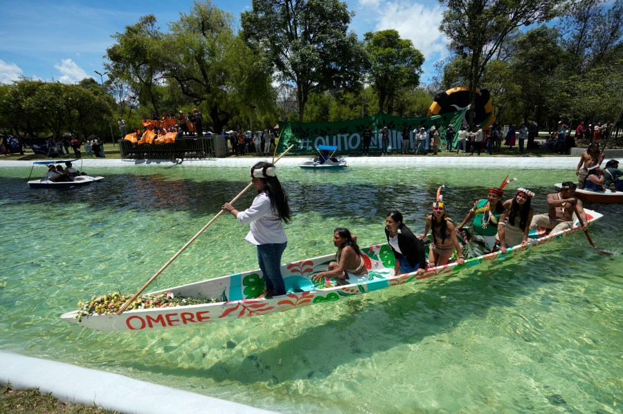 FILE - Waorani Indigenous women take part in a demonstration in Quito, Ecuador, Aug. 20, 2024, demanding authorities comply with the decision to halt oil drilling in a national park in the heart of the country's share of the Amazon where they live. (AP Photo/Dolores Ochoa, File)