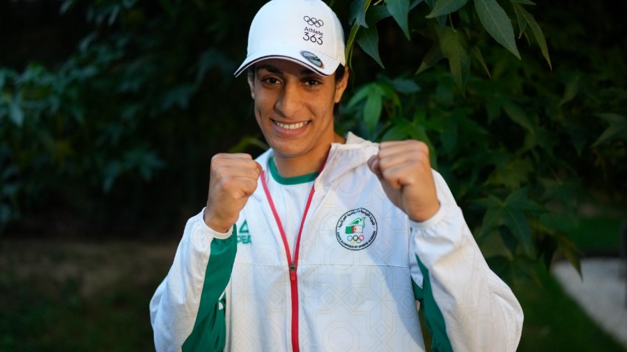 Algerian boxer Imane Khelif poses for a photo after an interview with SNTV at the 2024 Summer Olympics, Sunday, Aug. 4, 2024, in Paris, France. (AP Photo/Vadim Ghirda)