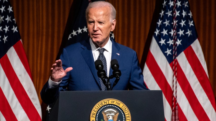 US President Joe Biden speaks at the Lyndon Baines Johnson Presidential Library in Austin, Texas, US, on Monday, July 29, 2024. Biden assailed the conservative majority of the Supreme Court over its recent rulings, calling for new binding ethics rules and term limits for justices - a sweeping proposal that would fundamentally alter the top US court. Photographer: Sergio Flores/Bloomberg via Getty Images