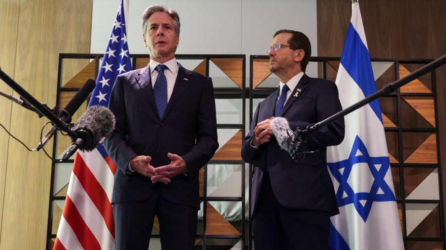 U.S. Secretary of State Antony Blinken, left, meets with Israel's President Isaac Herzog, in Tel Aviv, Israel, Monday, Aug. 19, 2024.