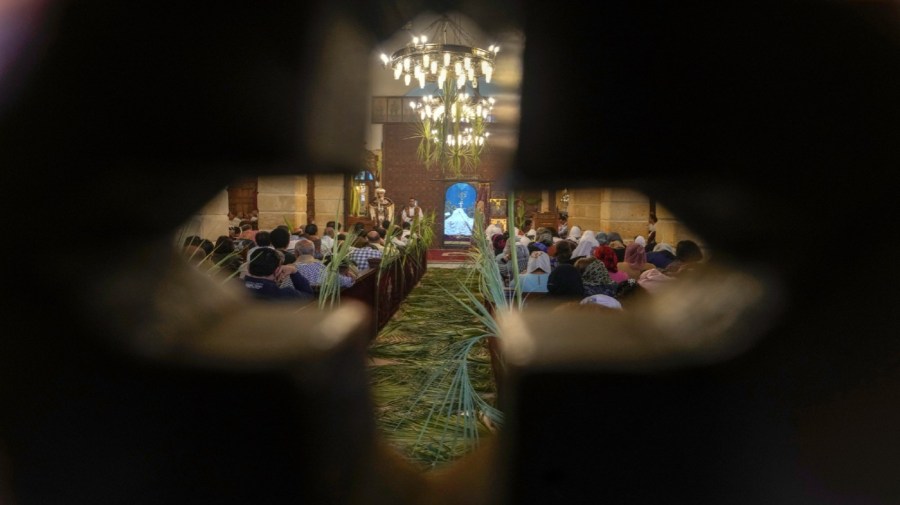 Bishop Daniel leads the Palm Sunday mass at the Church and Monastery of the Virgin Mary, in Cairo, Egypt, Sunday, April 9, 2023. Christians in Egypt are celebrating Palm Sunday, the start of the Holy Week that leads up to Easter. (AP Photo/Amr Nabil)