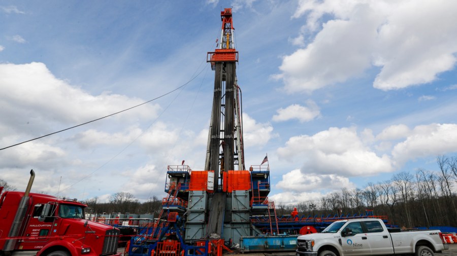 Work continues at a shale gas well drilling site in St. Mary's, Pa., March 12, 2020. Facing the need to win Pennsylvania, Vice President Kamala Harris has sworn off any prior assertion that she opposed fracking. But that hasn't stopped Republican presidential candidate former President Donald Trump from wielding her now-abandoned position as to win over working-class voters in the key battleground state where the industry means jobs. (AP Photo/Keith Srakocic, File)