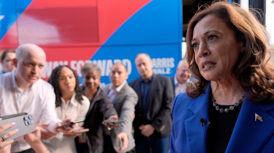 Democratic presidential nominee Vice President Kamala Harris speaks to reporters outside Primanti Bros. Restaurant during a campaign stop, Sunday, Aug. 18, 2024, in Pittsburgh. (