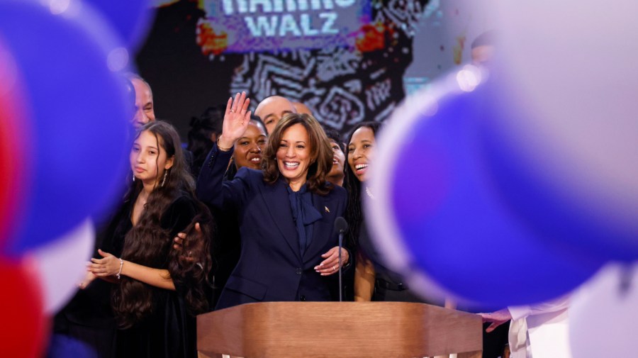 Democratic presidential nominee Vice President Kamala Harris celebrates with family and friends at the end of the Democratic National Convention Thursday, Aug. 22, 2024, in Chicago. (Gabrielle Lurie/San Francisco Chronicle via AP)