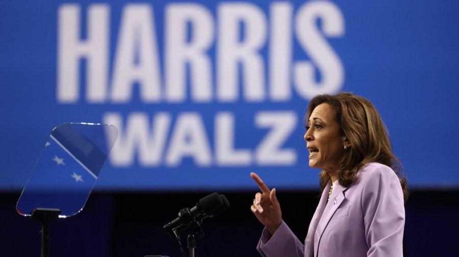 Democratic presidential candidate, U.S. Vice President Kamala Harris speaks during a campaign rally with Democratic vice presidential candidate Minnesota Governor Tim Walz at the University of Las Vegas Thomas & Mack Center on August 10, 2024 in Las Vegas, Nevada. Kamala Harris and her newly selected running mate Tim Walz are campaigning across the country this week. (Photo by Justin Sullivan/Getty Images)