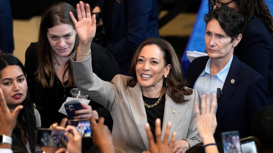 Democratic presidential nominee Vice President Kamala Harris greets attendees after speaking about the administration's efforts to lower prescription drug costs during an event at Prince George's Community College in Largo, Md., Thursday, Aug. 15, 2024.