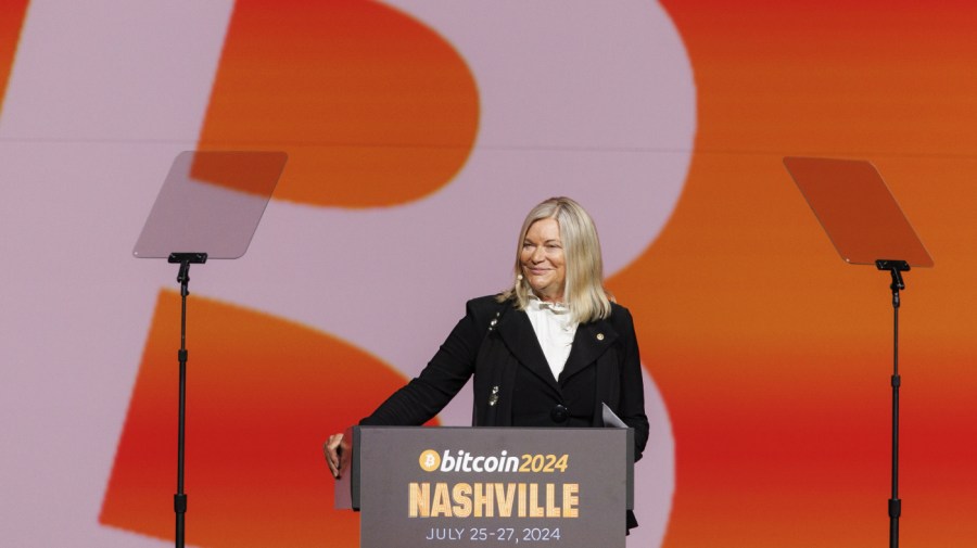 Senator Cynthia Lummis, a Republican from Wyoming, speaks at the Bitcoin 2024 conference in Nashville, Tennessee, US, on Saturday, July 27, 2024. Former US President Donald Trump said he would fire the Securities and Exchange Commission chair and pick crypto-friendly regulators if he returns to the White House in a bid to court virtual currency enthusiasts and harness the industry's growing influence in the political arena. Photographer: Brett Carlsen/Bloomberg via Getty Images