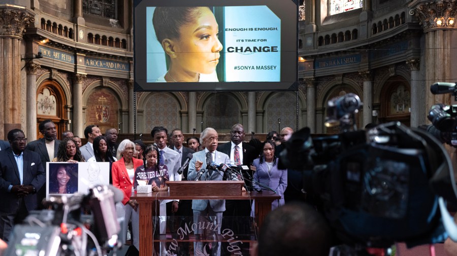 The Rev. Al Sharpton speaks alongside family members of Sonya Massey during a press conference at New Mount Pilgrim Church on July 30, 2024 in Chicago, Illinois. Massey was shot and killed in her home by Sangamon County Sheriff's Deputy Sean Grayson after she called police to report a possible prowler. Grayson, 30, who has since been fired by the department, was indicted by an Illinois grand jury. He has pleaded not guilty to charges of first-degree murder, aggravated battery with a firearm and official misconduct. (Photo by Scott Olson/Getty Images)