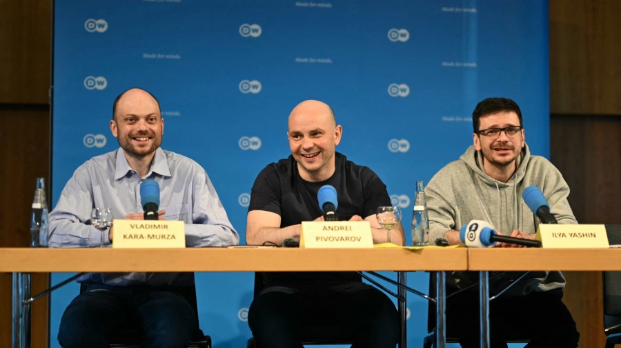 Russian journalist and activist Vladimir Kara-Murza, Russian activist Andrei Pivovarov and Russian opposition figure Ilya Yashin address a press conference on August 2, 2024 in Bonn, western Germany, one day after they have been released from Russia as political prisoners in one of the biggest prisoner swaps between Russia and the West since the end of the Cold War. A total of 26 people, including two minors, from the United States, Germany, Poland, Slovenia, Norway, Belarus and Russia are involved in one of the biggest East-West prisoner swaps since the Cold War. The Kremlin on August 2, 2024 said that at least three Russians freed in the prisoner exchange were undercover Russian agents, a rare public admission into the work of Moscow's top-secret security services. (Photo by INA FASSBENDER / AFP) (Photo by INA FASSBENDER/AFP via Getty Images)