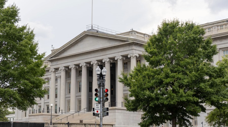 Photo taken on July 29, 2024 shows the U.S. Treasury Building in Washington, D.C., the United States. The U.S. federal government's total public debt has surpassed 35 trillion U.S. dollars for the first time, as recorded at the end of last week, according to data released by the Treasury Department Monday. (Photo by Hu Yousong/Xinhua via Getty Images)