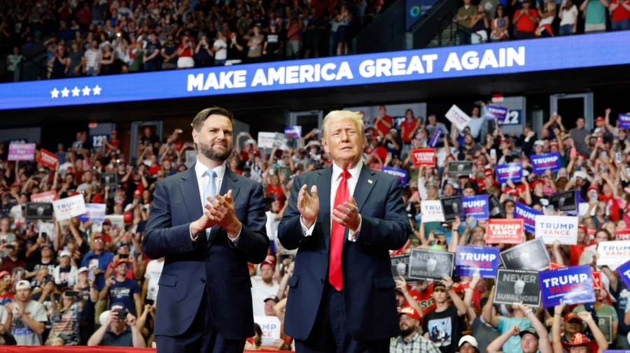 Republican presidential nominee, former U.S. President Donald Trump stands onstage with Republican vice presidential candidate, Sen. J.D. Vance (R-OH) during a campaign rally at the Van Andel Arena on July 20, 2024 in Grand Rapids, Michigan. Trump's campaign event is the first joint event with Vance and the first campaign rally since the attempted assassination attempt his rally in Butler, Pennsylvania. (Photo by Anna Moneymaker/Getty Images)