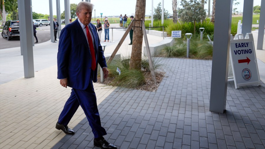 Republican presidential nominee and former President Trump arrives to vote early in person for the primary at the Palm Beach County Supervisor of Elections, Wednesday, Aug. 14, 2024, in West Palm Beach, Fla.