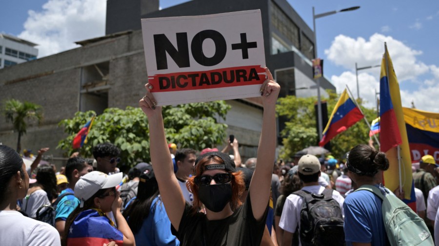 Opponents of Venezuelan President Nicolas Maduro gather for a demonstration called by opposition leader Maria Corina Machado over the presidential election disputed results, in Caracas on August 3, 2024. Venezuela braced for fresh protests after President Nicolas Maduro's disputed election victory was ratified on the eve -- and a growing number of nations recognized his opposition rival as the true winner. (Photo by Juan BARRETO / AFP) (Photo by JUAN BARRETO/AFP via Getty Images)