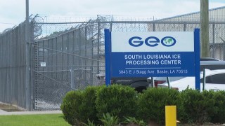 This image taken from video shows the South Louisiana ICE Processing Center in Basile, La., April 7, 2025. (AP Photo/Stephen Smith)